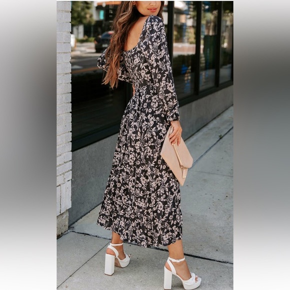 Midi Floral Long Sleeve Dress with Slit and Square Neckline • Small - Picture 4 of 11